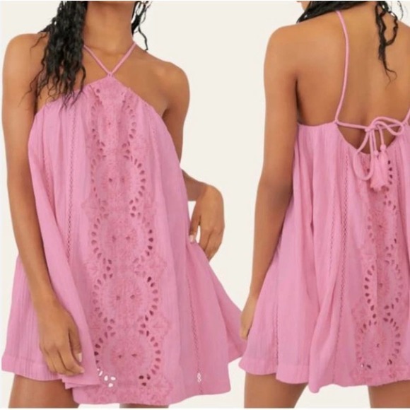 Free People Dresses & Skirts - Free People Paloma Eyelet Embroidered Boho Mini Dress Pink Peace Size Medium NWT